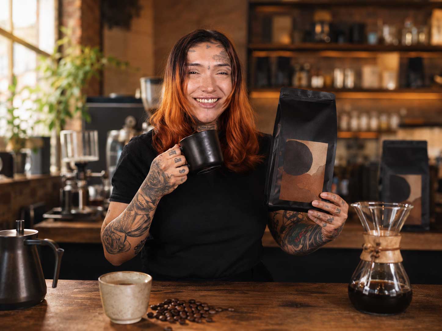 Cat mostrando una taza y un producto de café de especialidad