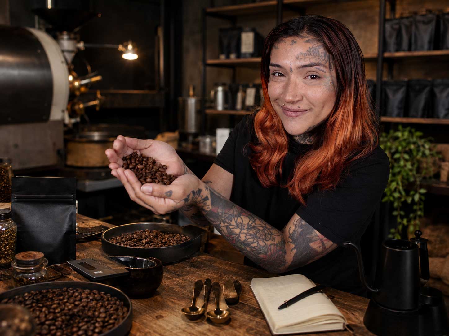 Cat mostrando café en grano de especialidad