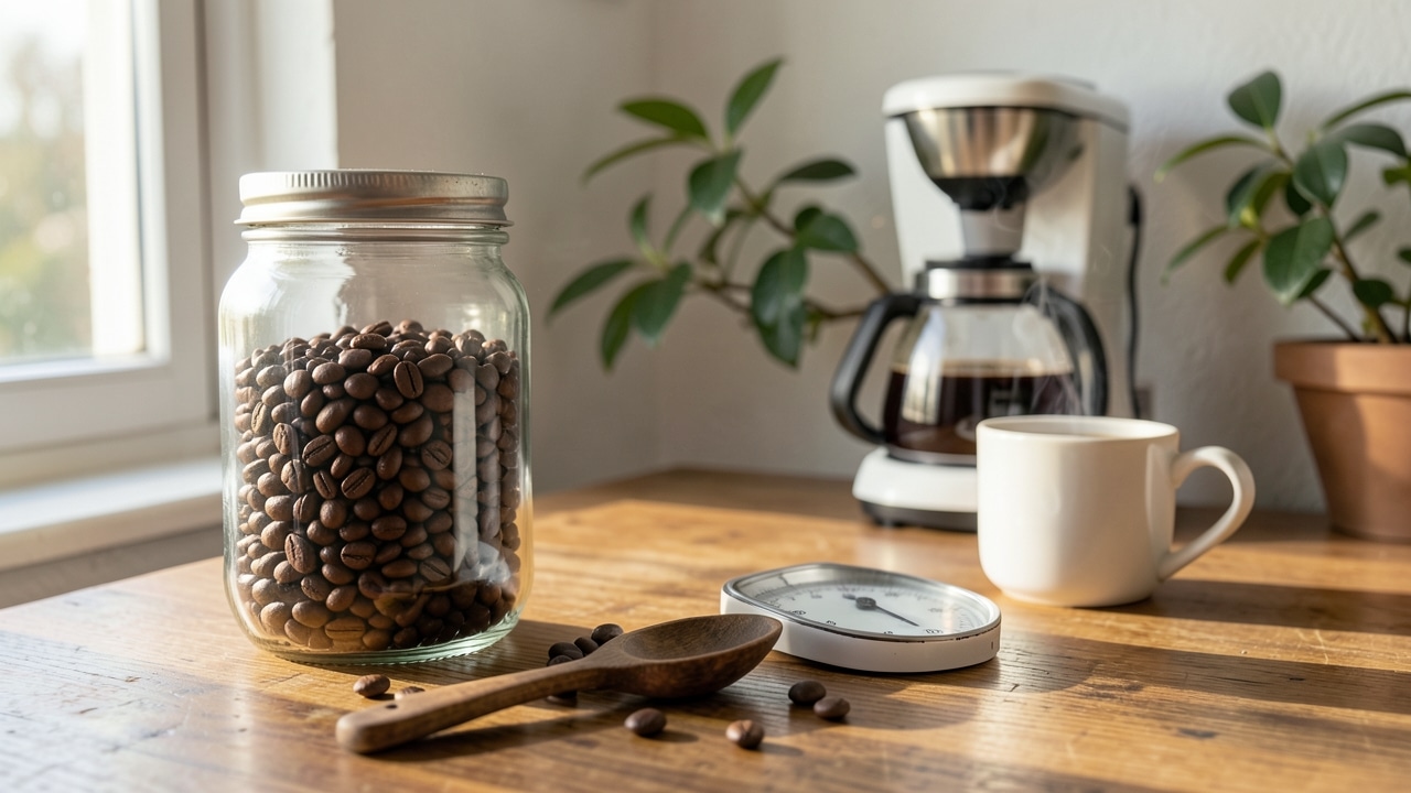 Café en grano dentro de recipiente hermético junto a una cafetera doméstica y una taza